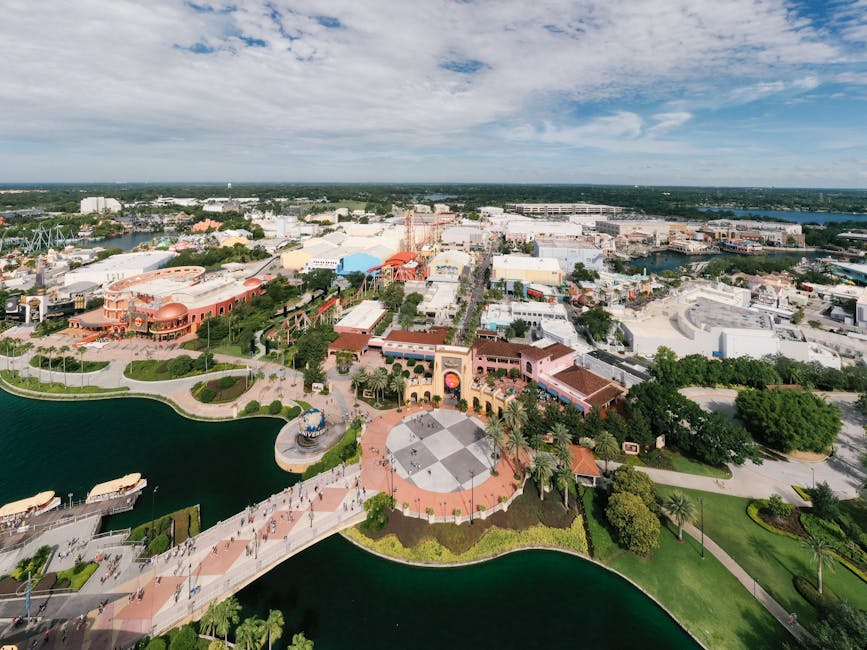 A bird 's eye view of the park and water.
