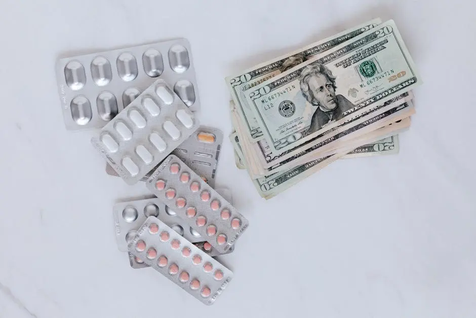 A table topped with lots of pills and money.