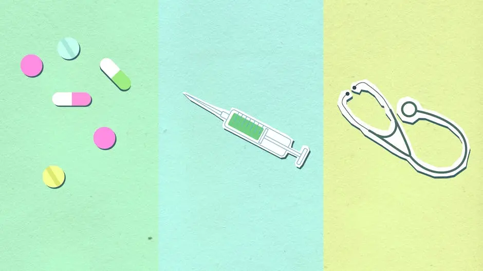 A green and white syringe, pink pill bottle, and a blue and yellow necklace.