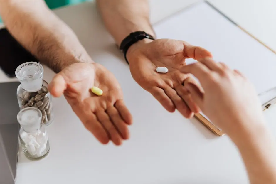 Two people holding pills in their hands.